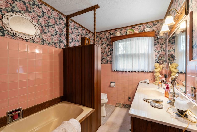 6620 N Straits Hwy, Cheboygan, MI 49721 - full bath featuring wallpapered walls, crown molding, a tub, toilet, and a wainscoted wall