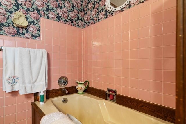 6620 N Straits Hwy, Cheboygan, MI 49721 - full bathroom with wallpapered walls, tile walls, and a garden tub