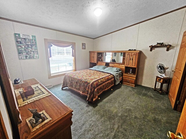 5844 Keipinger Trl, Grayling, MI 49738 - bedroom with ornamental molding, dark carpet, and a textured ceiling
