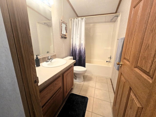 5844 Keipinger Trl, Grayling, MI 49738 - bathroom with tile patterned flooring, shower / bath combination with curtain, vanity, toilet, and wallpapered walls