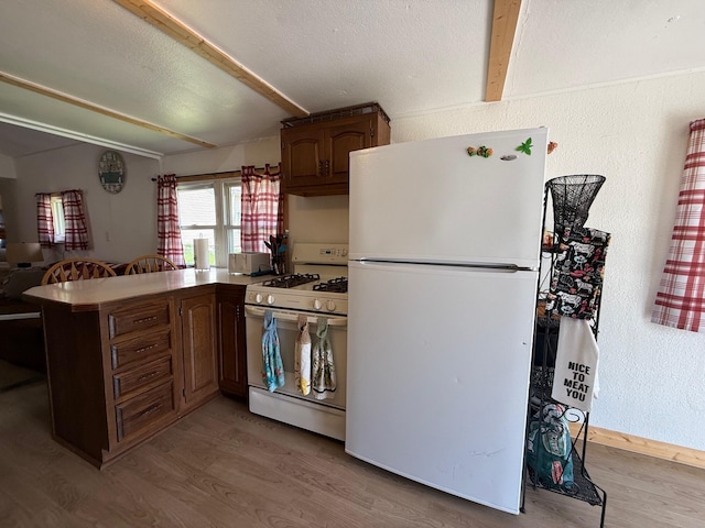 10117 M-18, Gladwin, MI 48624 - kitchen with white appliances, a peninsula, and light wood-style floors