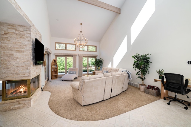118 Harbor Ct, Houghton Lake, MI 48629 - living area with a fireplace, light tile patterned flooring, high vaulted ceiling, a chandelier, and beamed ceiling