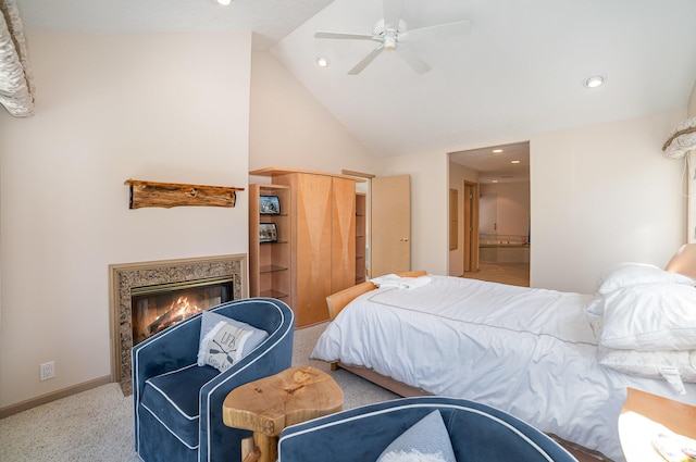 118 Harbor Ct, Houghton Lake, MI 48629 - bedroom featuring carpet, a glass covered fireplace, recessed lighting, ensuite bathroom, and ceiling fan