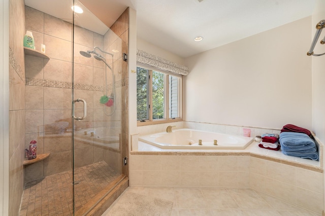 118 Harbor Ct, Houghton Lake, MI 48629 - full bath featuring a jetted tub, a shower stall, tile patterned floors, and recessed lighting