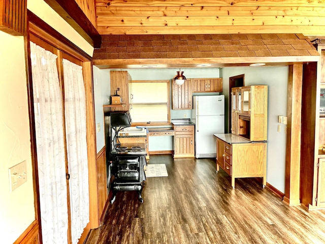 2215 N Partridge Point Rd, Alpena, MI 49707 - kitchen with freestanding refrigerator and dark wood-style floors