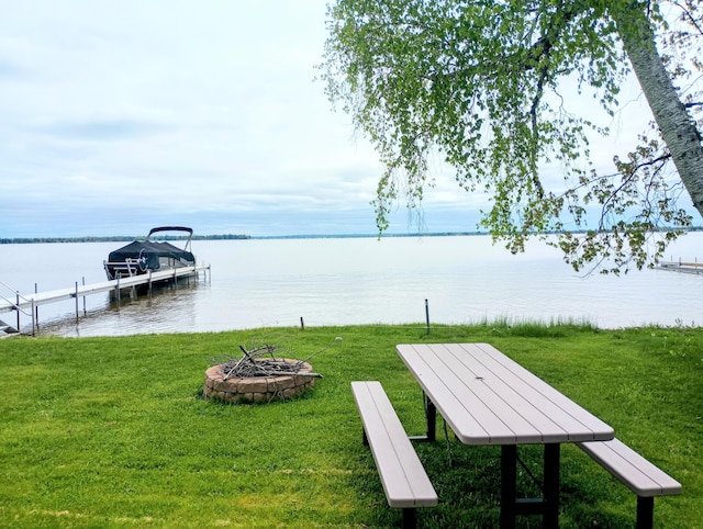 12243 E Houghton Lake Dr, Houghton Lake, MI 48629 - dock featuring an outdoor fire pit, a lawn, and a water view