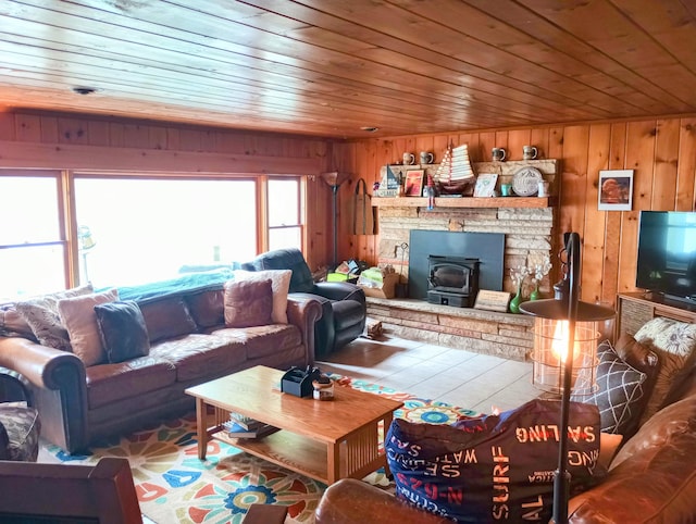 12243 E Houghton Lake Dr, Houghton Lake, MI 48629 - living area with wood ceiling, wooden walls, and a wood stove