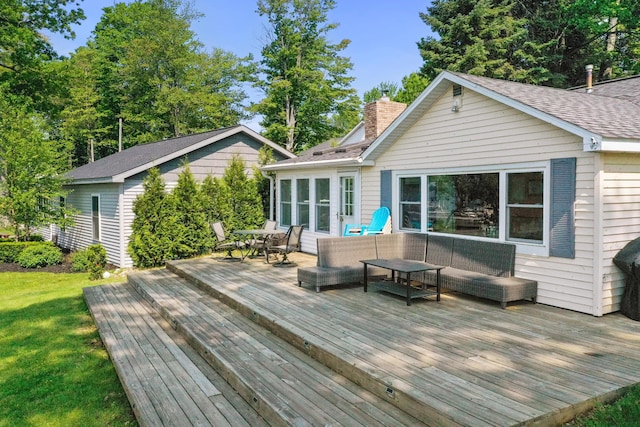 12243 E Houghton Lake Dr, Houghton Lake, MI 48629 - wooden deck featuring an outdoor living space and a yard
