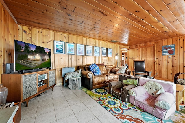 12243 E Houghton Lake Dr, Houghton Lake, MI 48629 - living area featuring wooden walls, wood ceiling, and light tile patterned flooring