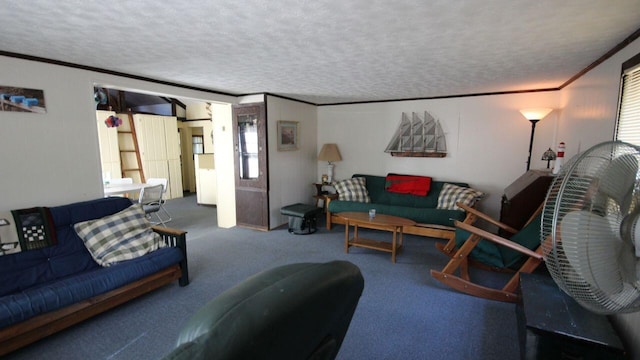 110 Mulberry Ln, Roscommon, MI 48653 - carpeted living area featuring crown molding and a textured ceiling