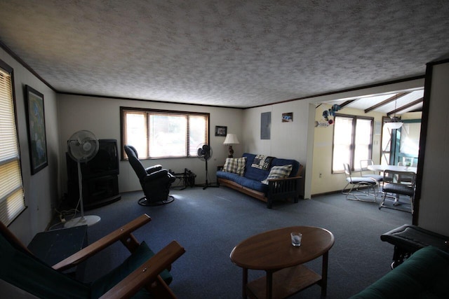 110 Mulberry Ln, Roscommon, MI 48653 - carpeted living room with a textured ceiling and crown molding
