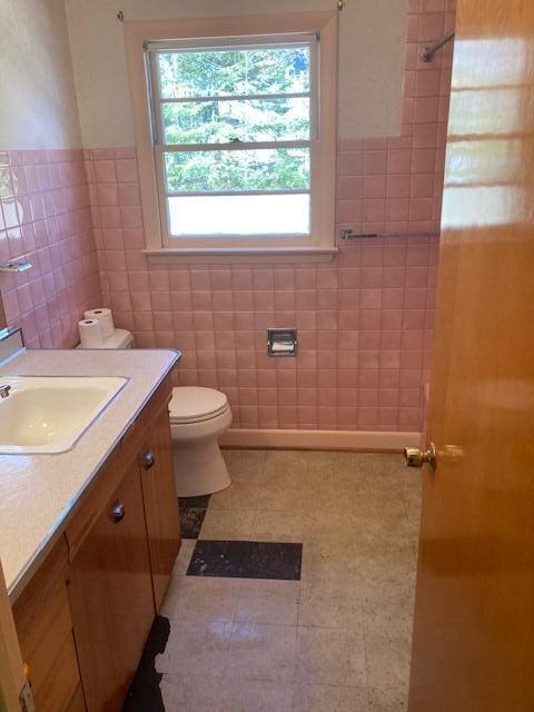 19204 Marlin Ln, Ocqueoc, MI 49759 - bathroom with toilet, vanity, tile walls, and a wainscoted wall