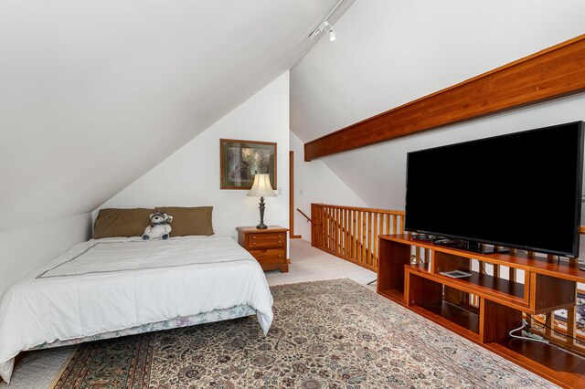 215 Garfield Blvd, Roscommon, MI 48653 - bedroom featuring lofted ceiling, carpet, and rail lighting