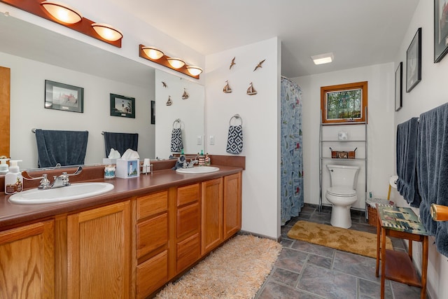 215 Garfield Blvd, Roscommon, MI 48653 - full bath featuring stone finish floors, double vanity, toilet, and a shower with curtain