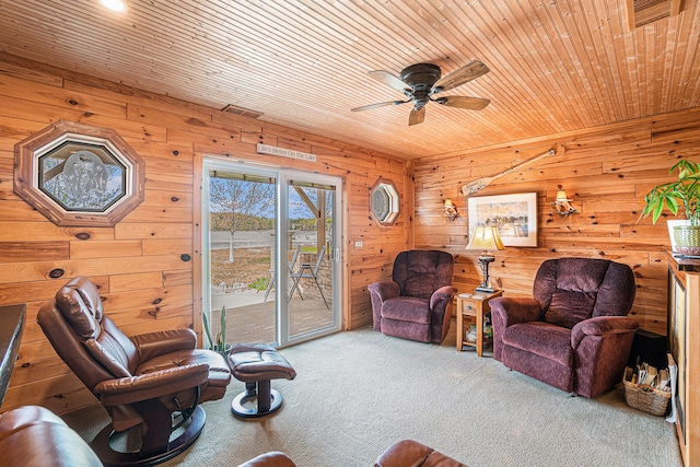13042 Silver Lake Resort Rd, Wolverine, MI 49799 - carpeted living area with wood walls, ceiling fan, and wooden ceiling