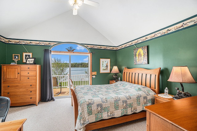 13042 Silver Lake Resort Rd, Wolverine, MI 49799 - bedroom with access to exterior, carpet flooring, vaulted ceiling, and ceiling fan