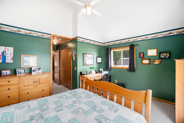 13042 Silver Lake Resort Rd, Wolverine, MI 49799 - carpeted bedroom featuring high vaulted ceiling, baseboards, and a ceiling fan
