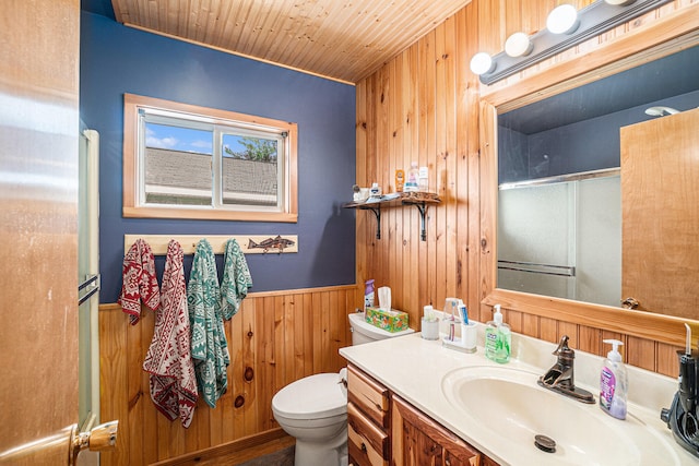 13042 Silver Lake Resort Rd, Wolverine, MI 49799 - full bath with wooden walls, toilet, vanity, a wainscoted wall, and wooden ceiling