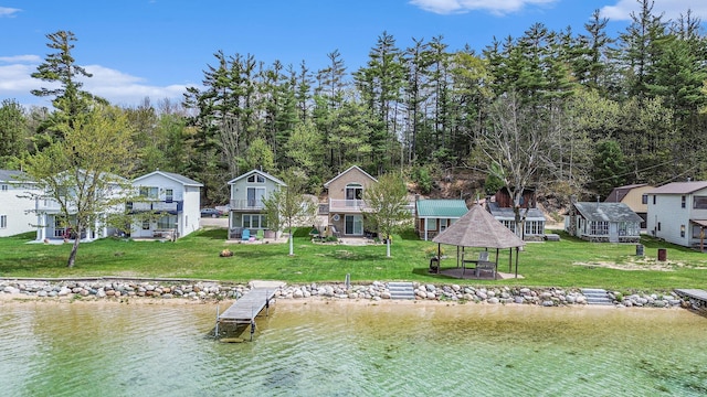 13042 Silver Lake Resort Rd, Wolverine, MI 49799 - dock area featuring a gazebo, a lawn, a water view, and a residential view