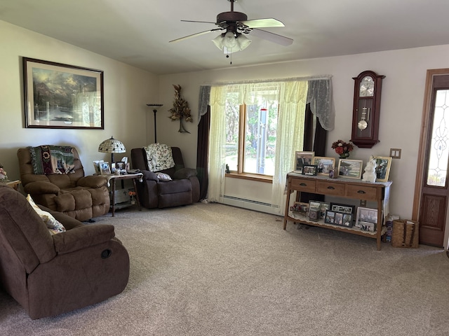 676 N Poor Farm Rd, Harrisville, MI 48740 - living room with baseboard heating, carpet floors, a ceiling fan, and plenty of natural light