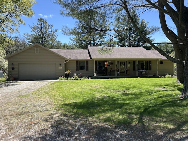 676 N Poor Farm Rd, Harrisville, MI 48740 - ranch-style house featuring covered porch, a garage, gravel driveway, a front yard, and roof with shingles