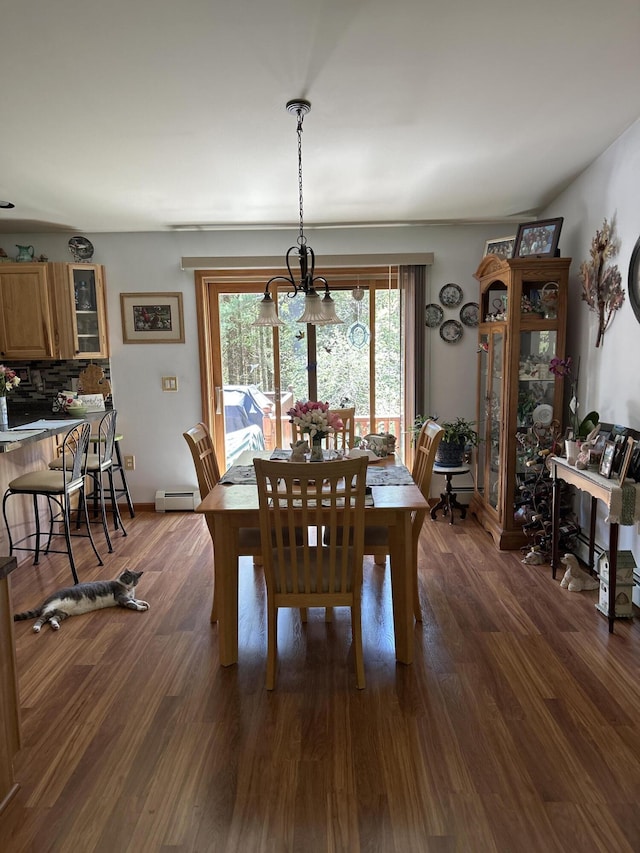 676 N Poor Farm Rd, Harrisville, MI 48740 - dining room with a chandelier, baseboard heating, and dark wood-style floors