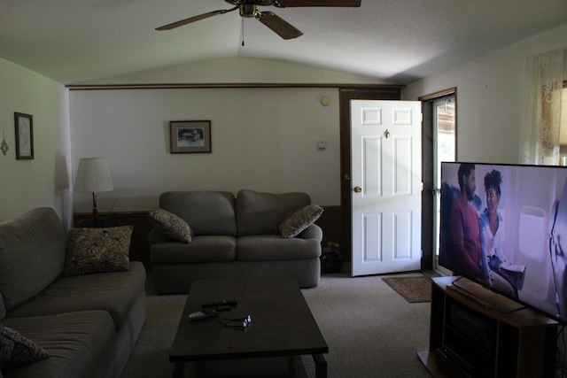 3071 Garling Rd, Fairview, MI 48621 - carpeted living area with lofted ceiling and a ceiling fan