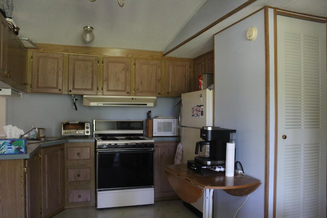 3071 Garling Rd, Fairview, MI 48621 - kitchen with white appliances, ventilation hood, a sink, vaulted ceiling, and dark countertops