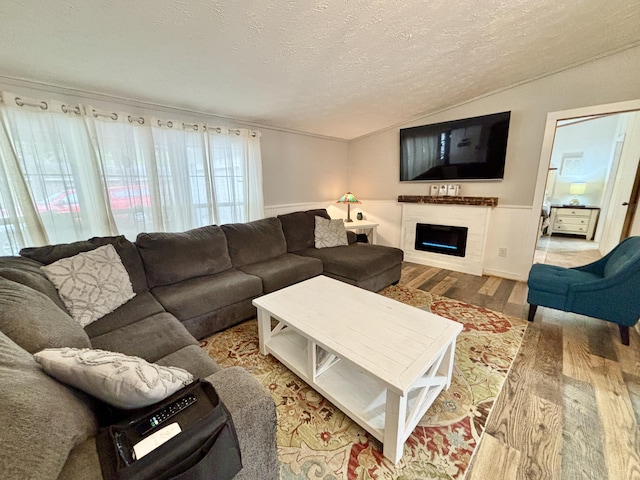 2872 Granger Rd, Lewiston, MI 49756 - living room with vaulted ceiling, a textured ceiling, wood finished floors, and a fireplace