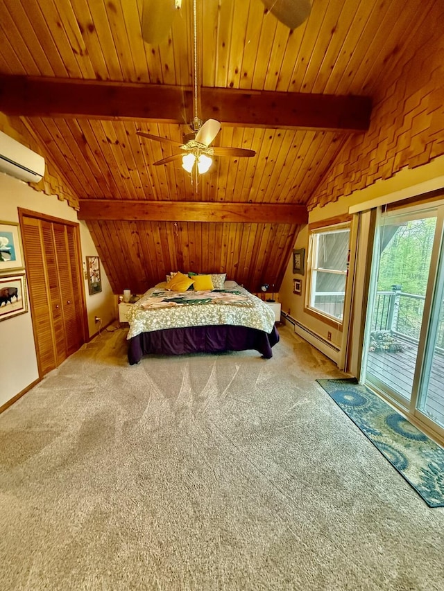 19110 Red Pine Dr, Hillman, MI 49746 - carpeted bedroom with a baseboard radiator, access to exterior, wood ceiling, and a wall mounted air conditioner