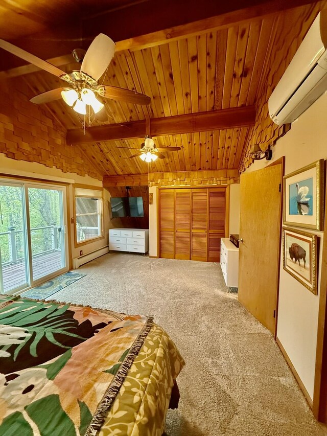 19110 Red Pine Dr, Hillman, MI 49746 - unfurnished bedroom featuring a wall unit AC, carpet, a baseboard heating unit, wood ceiling, and access to exterior