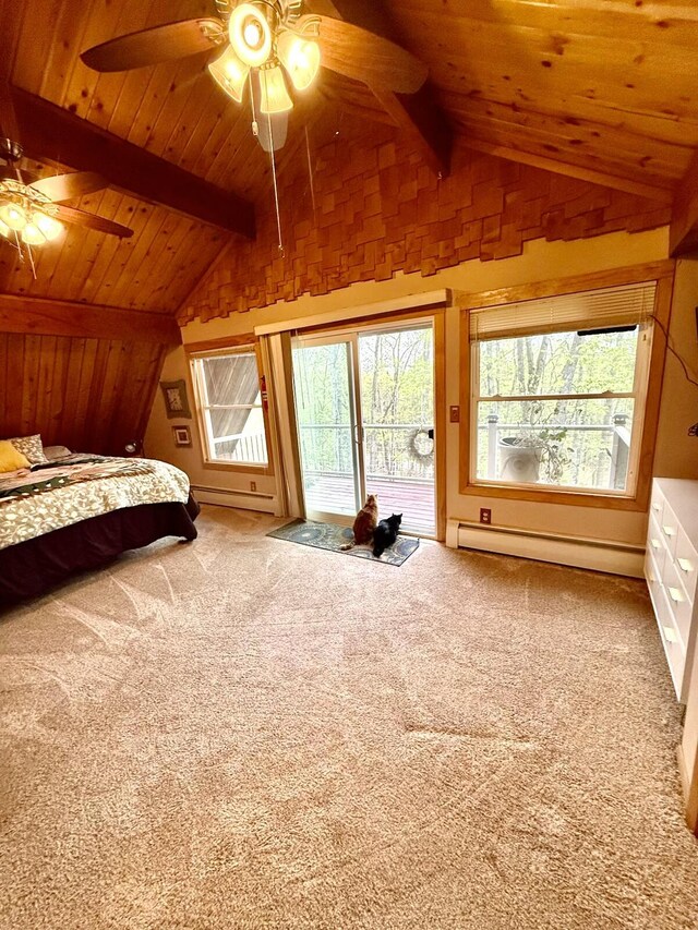 19110 Red Pine Dr, Hillman, MI 49746 - carpeted bedroom with a baseboard radiator, access to outside, wooden ceiling, and a ceiling fan