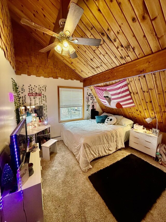 19110 Red Pine Dr, Hillman, MI 49746 - bedroom with wood ceiling, carpet flooring, and a ceiling fan