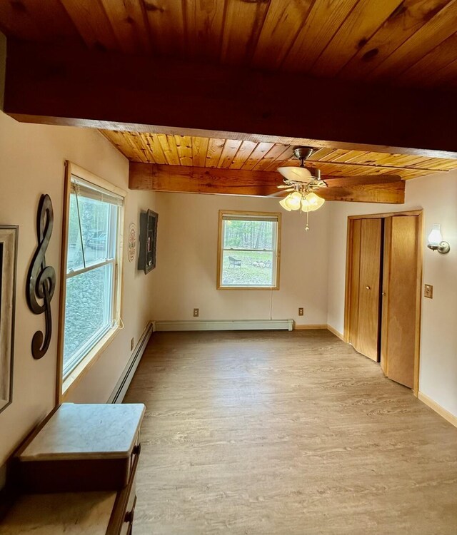 19110 Red Pine Dr, Hillman, MI 49746 - unfurnished room with wooden ceiling with exposed beams, baseboard heating, wood finished floors, a ceiling fan, and baseboards