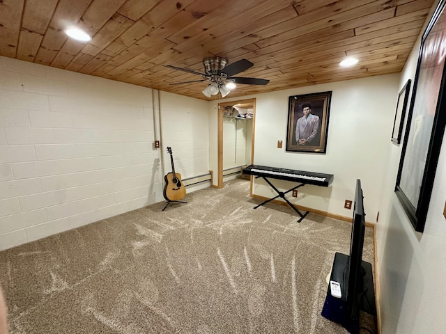 19110 Red Pine Dr, Hillman, MI 49746 - recreation room with wood ceiling, carpet flooring, and recessed lighting