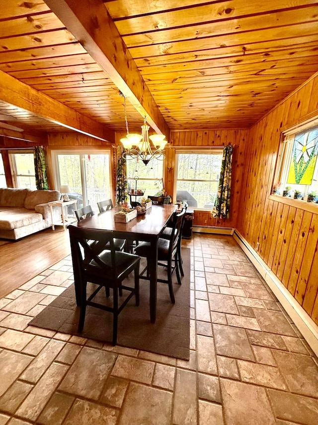 19110 Red Pine Dr, Hillman, MI 49746 - dining space featuring wood ceiling, a chandelier, wood walls, stone tile flooring, and a baseboard heating unit