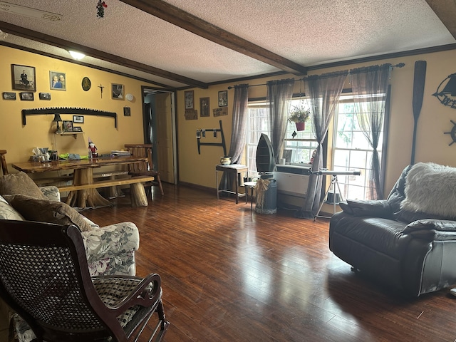 3469 Long Rapids Rd, Alpena, MI 49707 - living room featuring a textured ceiling, beam ceiling, and hardwood / wood-style floors
