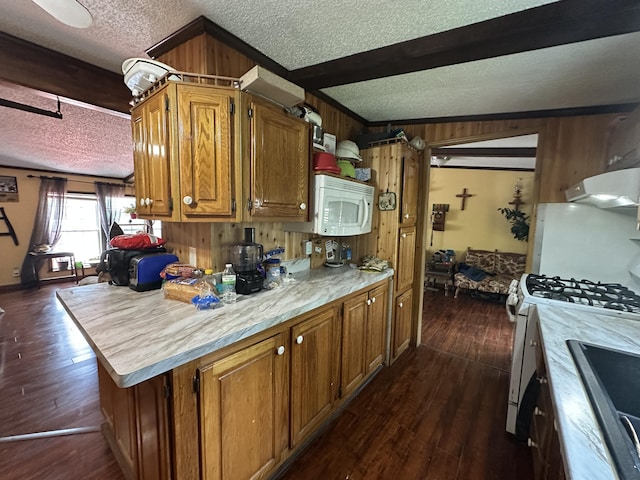 3469 Long Rapids Rd, Alpena, MI 49707 - kitchen with a textured ceiling, white appliances, extractor fan, wooden walls, and light countertops