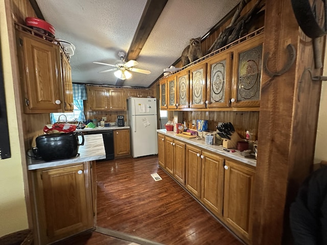 3469 Long Rapids Rd, Alpena, MI 49707 - kitchen with freestanding refrigerator, a textured ceiling, light countertops, dark wood finished floors, and ceiling fan
