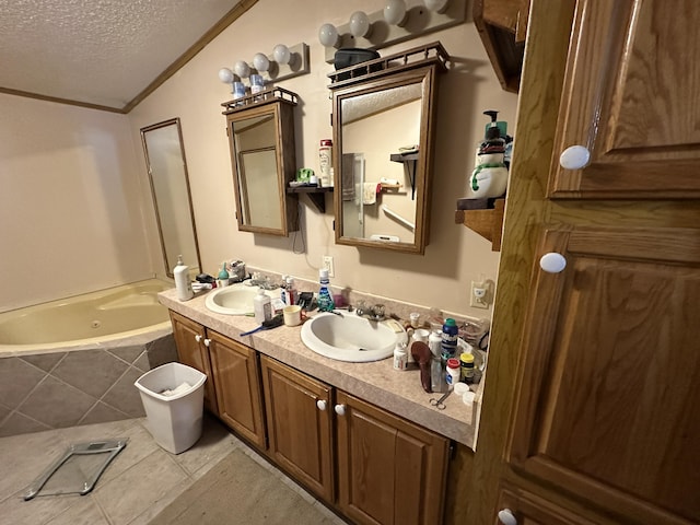 3469 Long Rapids Rd, Alpena, MI 49707 - full bath with vaulted ceiling, a textured ceiling, tiled tub, tile patterned flooring, and double vanity