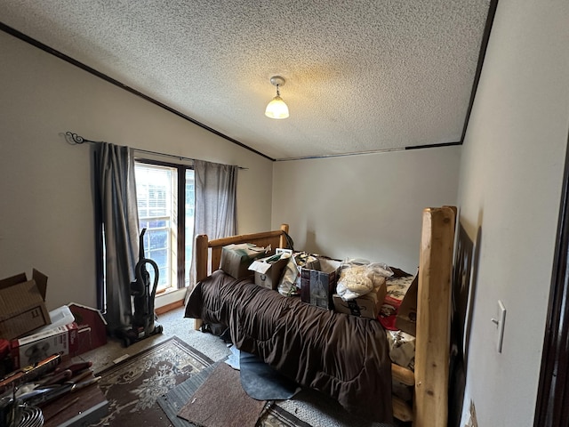 3469 Long Rapids Rd, Alpena, MI 49707 - carpeted bedroom featuring lofted ceiling, a textured ceiling, and crown molding
