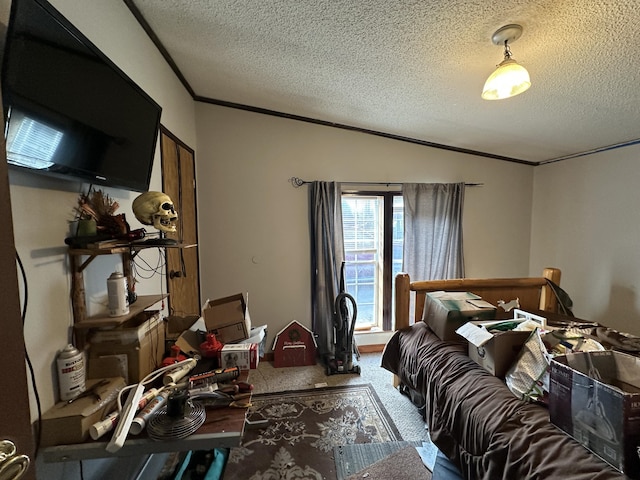 3469 Long Rapids Rd, Alpena, MI 49707 - carpeted bedroom with a textured ceiling and ornamental molding
