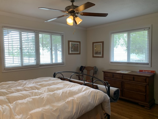 1253 N Partridge Point Rd, Alpena, MI 49707 - bedroom featuring multiple windows, wood finished floors, crown molding, and ceiling fan