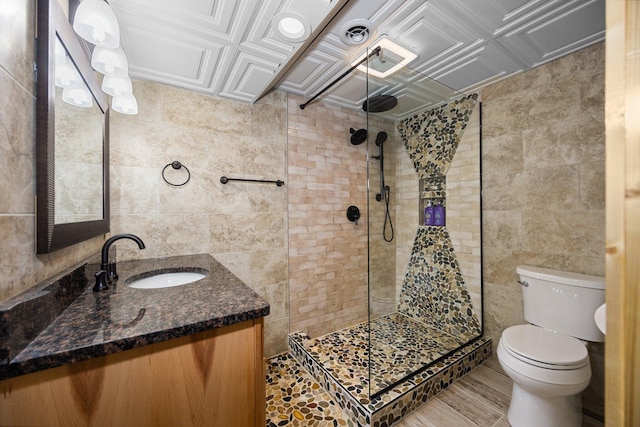 14250 Chippewa Trl, Johannesburg, MI 49751 - bathroom featuring tile walls, vanity, walk in shower, and toilet