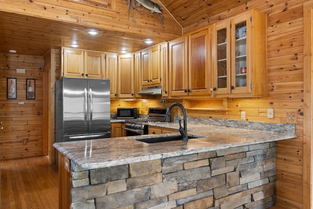14250 Chippewa Trl, Johannesburg, MI 49751 - kitchen featuring appliances with stainless steel finishes, wood ceiling, a sink, under cabinet range hood, and light stone countertops