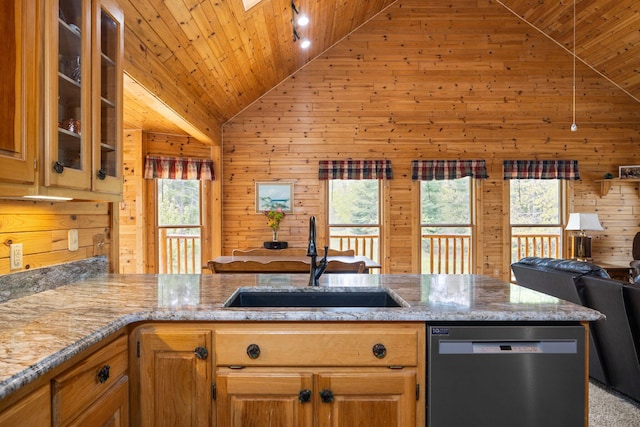 14250 Chippewa Trl, Johannesburg, MI 49751 - kitchen with dishwasher, a sink, wood walls, wood ceiling, and light stone countertops