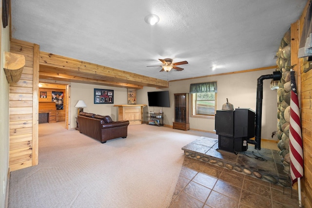 14250 Chippewa Trl, Johannesburg, MI 49751 - living area with a wood stove, ceiling fan, wood walls, and carpet