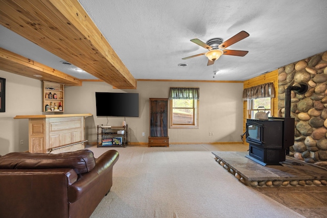14250 Chippewa Trl, Johannesburg, MI 49751 - living room with a wood stove, ceiling fan, carpet, and baseboards