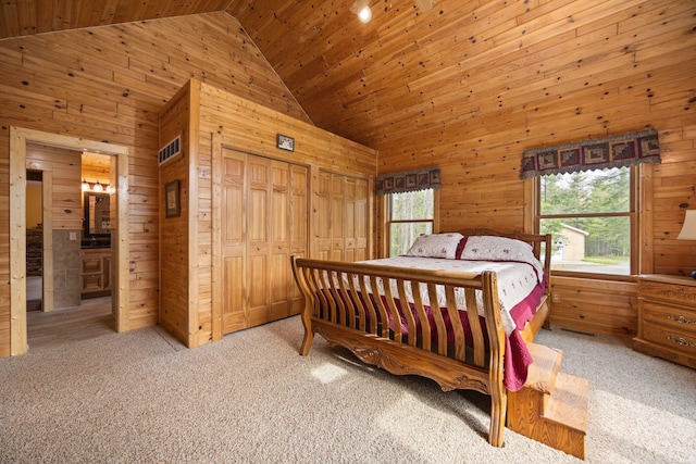 14250 Chippewa Trl, Johannesburg, MI 49751 - bedroom featuring wood walls, carpet, high vaulted ceiling, and wooden ceiling