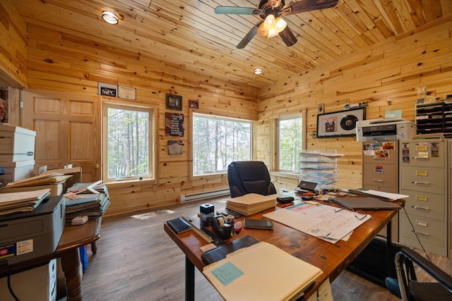 14250 Chippewa Trl, Johannesburg, MI 49751 - office area featuring healthy amount of natural light, wood finished floors, a ceiling fan, wooden walls, and wood ceiling